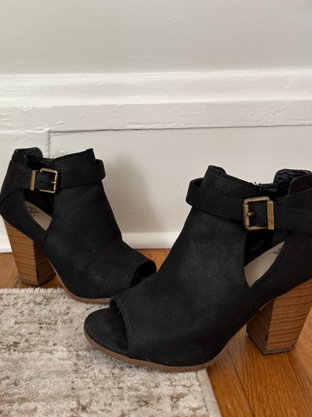 women's black heeled peep toe booties